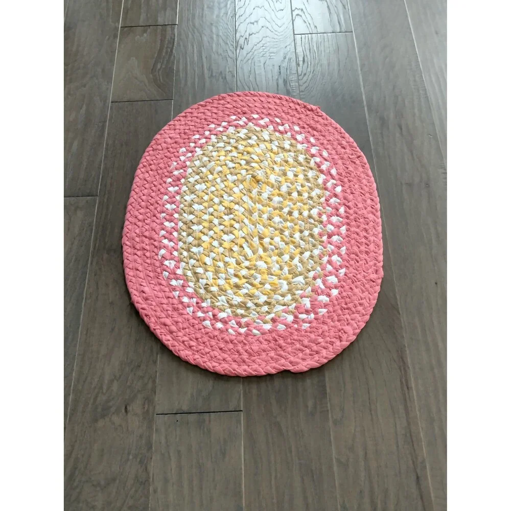 Braided Rag Rug Oval 22.5 x 29 Coral Pink Yellow Gold White